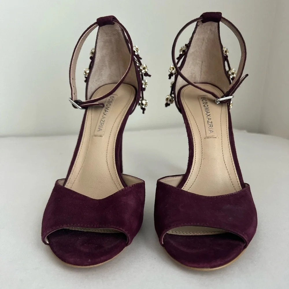 BCBGMAXAZRIA Burgundy Suede Crystal Beaded Fringe Peep Toe Heels 37.5 US 7.5